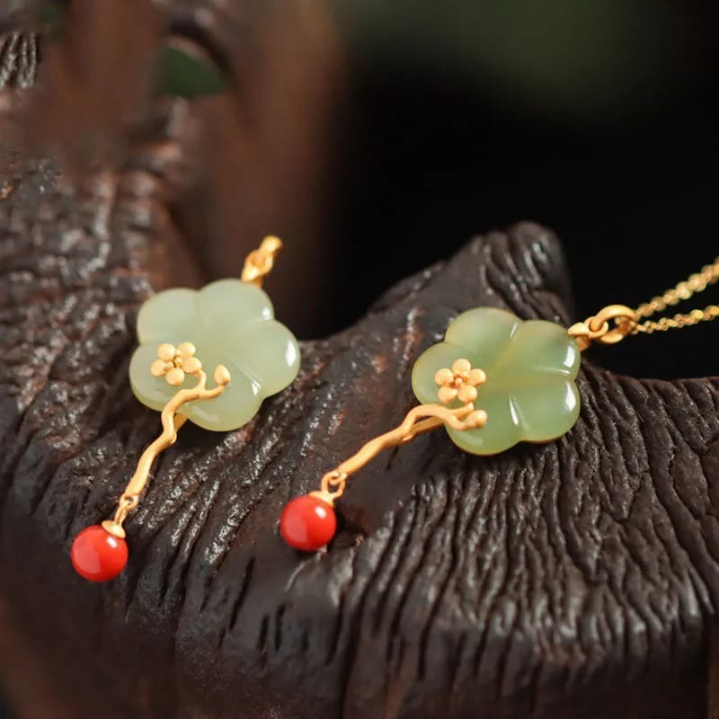 Prosperity Jade Necklace with Red Agate | Vintage Plum Blossom