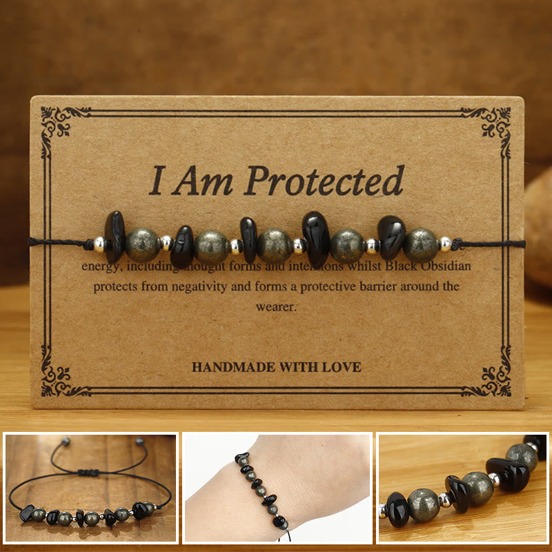 I Am Protected Iron Pyrite & Black Obsidian Bracelet for Protection