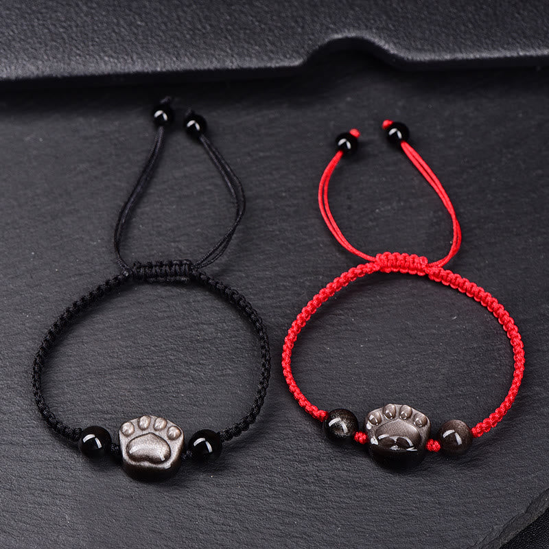 Protection Obsidian Bracelet | Silver & Gold Sheen Cat Paw Rope