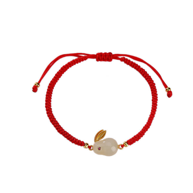 Protection White Jade Bracelet with Red String, Rabbit Charm