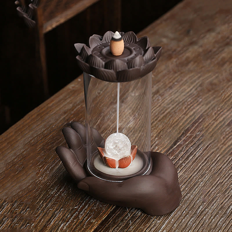 Purple Clay Buddha Hand Lotus Enlightenment LED Light Incense Burner