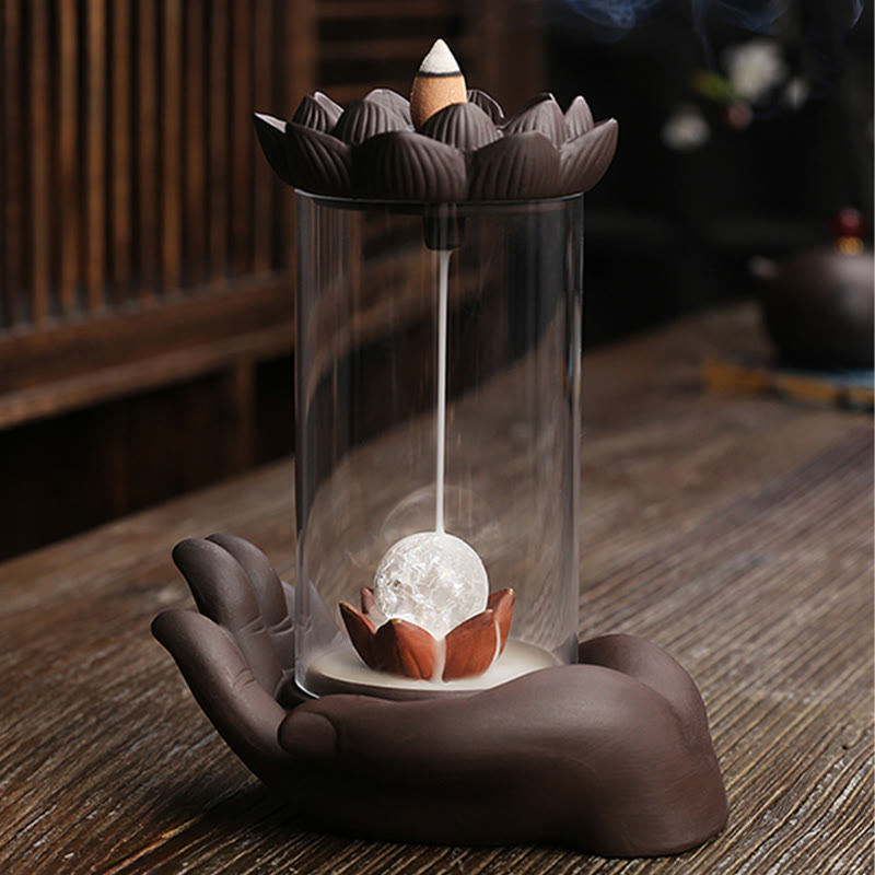 Purple Clay Buddha Hand Lotus Enlightenment LED Light Incense Burner