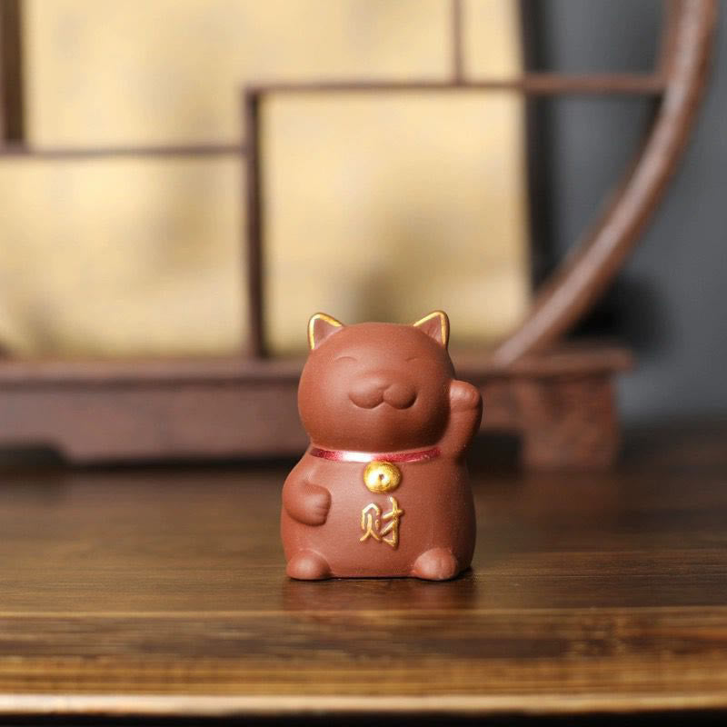Purple Clay Mini Lucky Cat Wealth Figurine for Prosperity