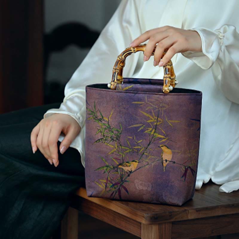 Purple Magpie Birds Bamboo Handle Handbag 23cm