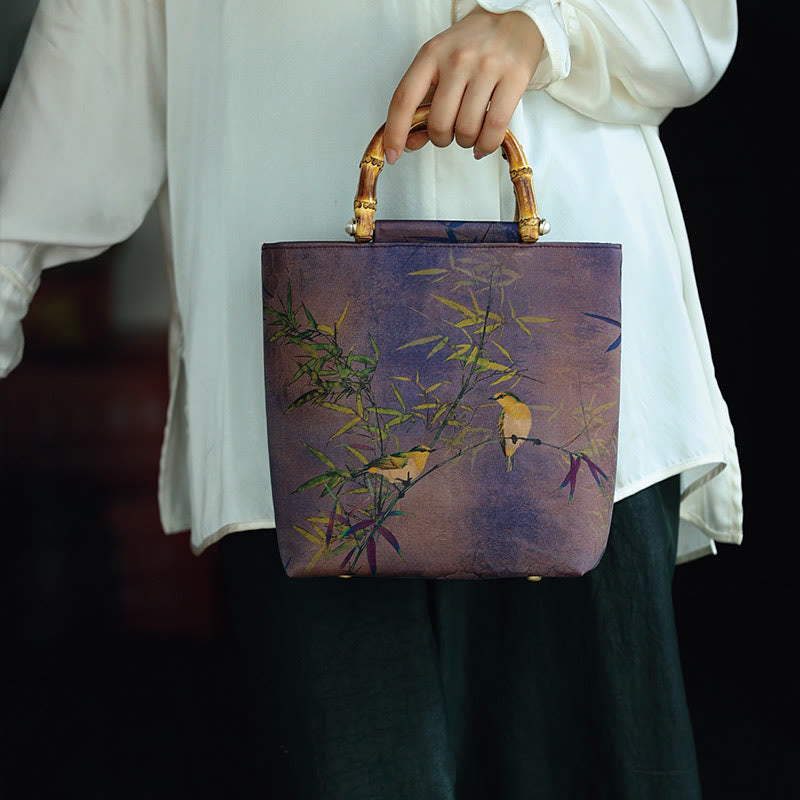 Purple Magpie Birds Bamboo Handle Handbag 23cm