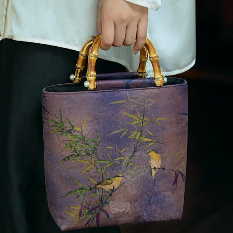 Purple Magpie Birds Bamboo Handle Handbag 23cm