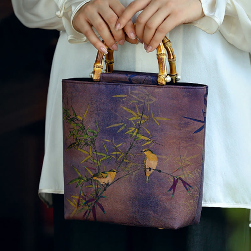 Purple Magpie Birds Bamboo Handle Handbag 23cm