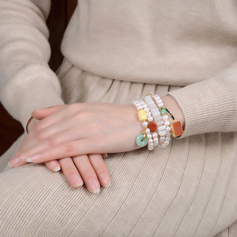 Quadruple Wrap Jade Bracelet with Pearl, Red Agate & Amber for Luck