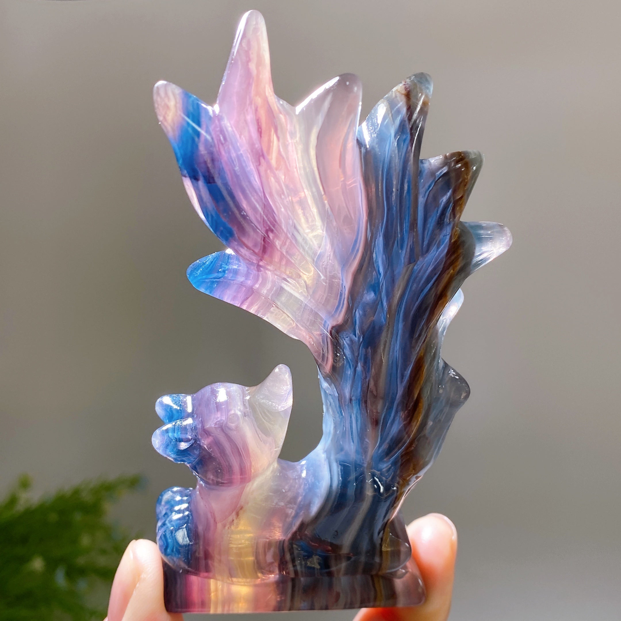 Rainbow Fluorite Crystal Fox Carving 3.2x4.5 Inch