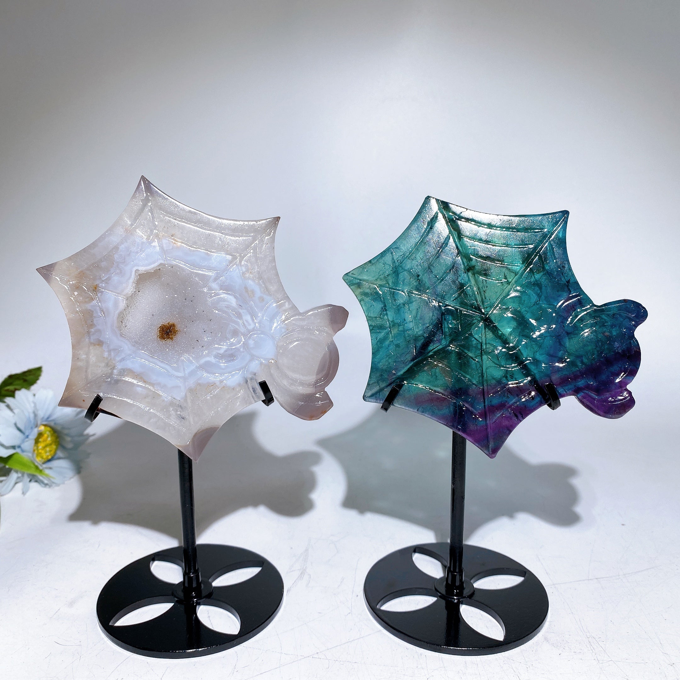 Rainbow Fluorite Spider Web Carving Crystal Figurine 10x12cm