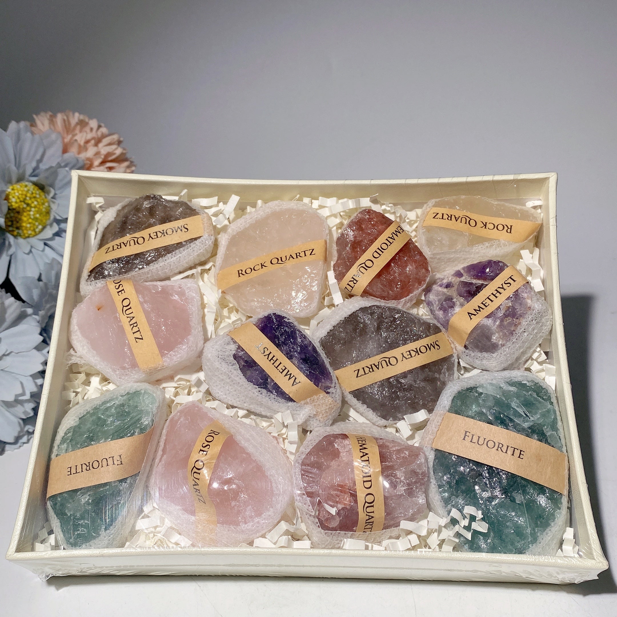 Raw Crystals Box Set with Amethyst, Pyrite & Fluorite – Healing Stones Collection