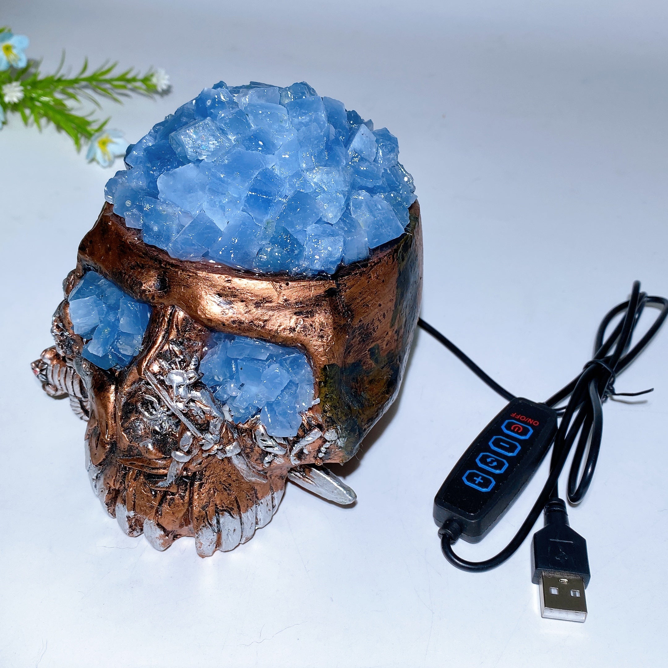 Raw Fluorite Celestite USB Skull Lamp 4.6 Inch
