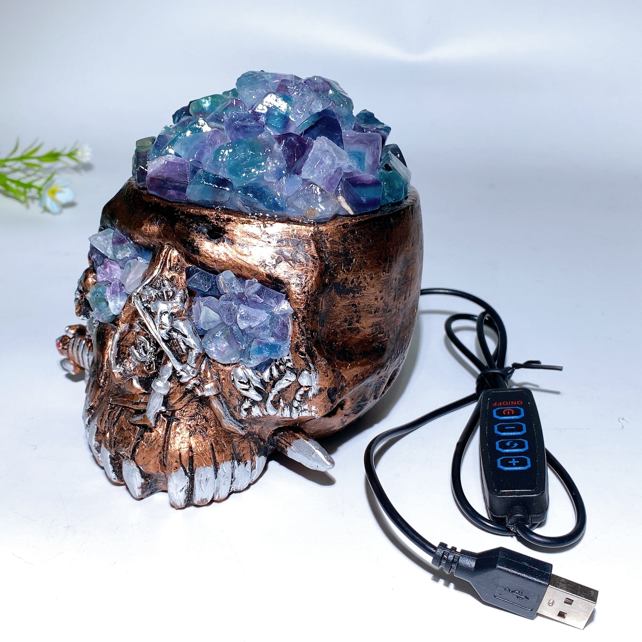 Raw Fluorite Celestite USB Skull Lamp 4.6 Inch