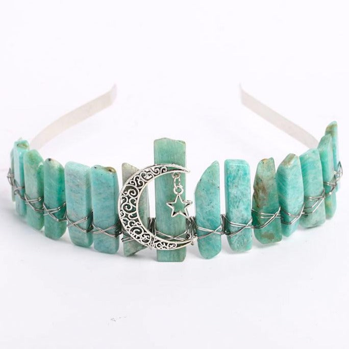 Raw Quartz Crystal Crown with Silver Moon Decor 10cm