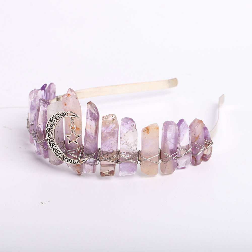 Raw Quartz Crystal Crown with Silver Moon Decor 10cm