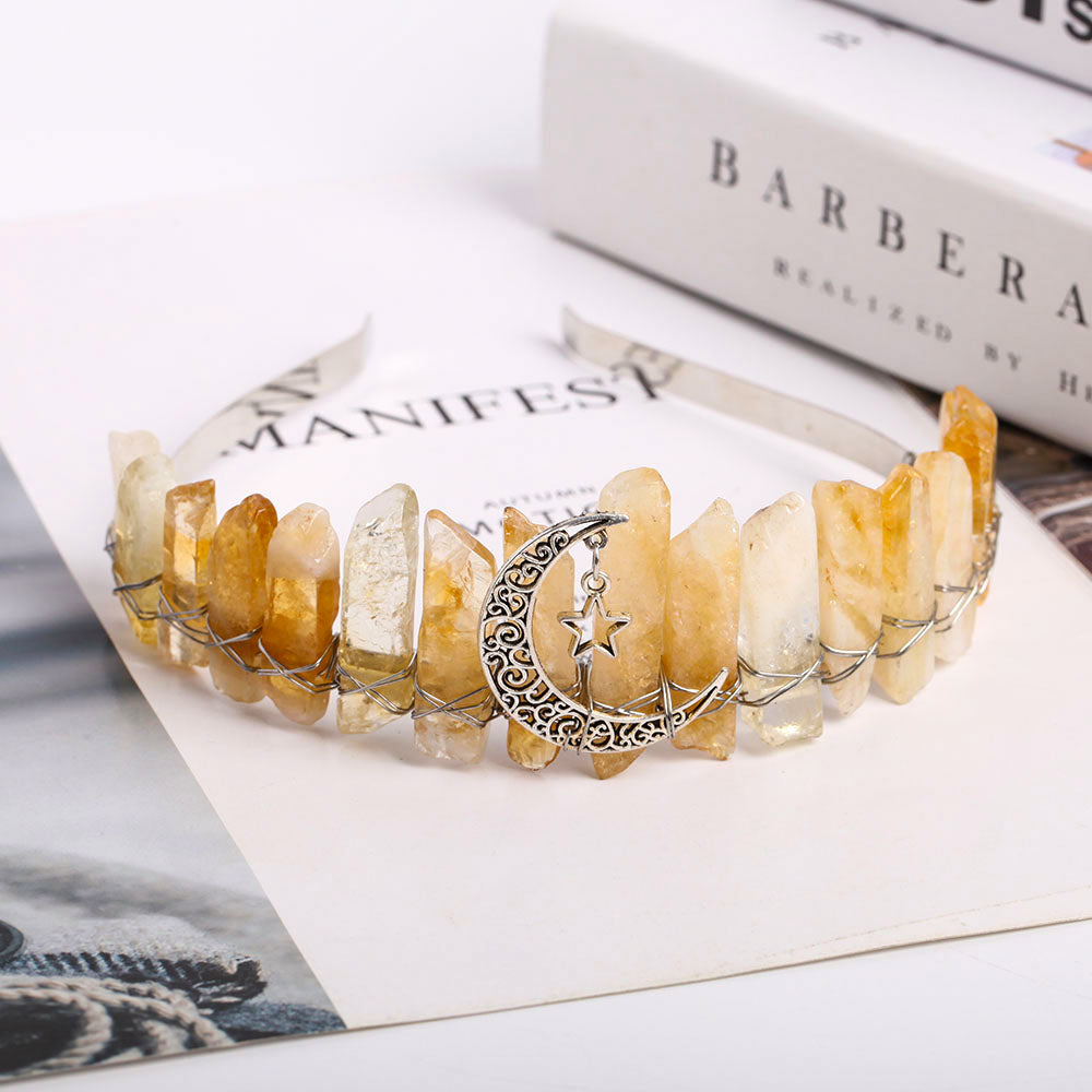 Raw Quartz Crystal Crown with Silver Moon Decor 10cm