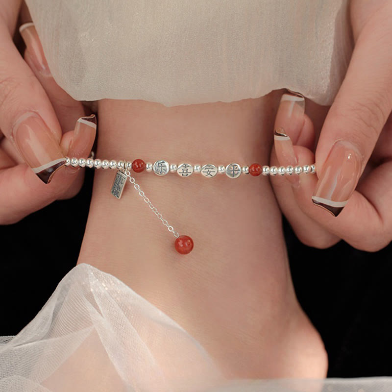 Red Agate 6mm & Silver Peace Anklet