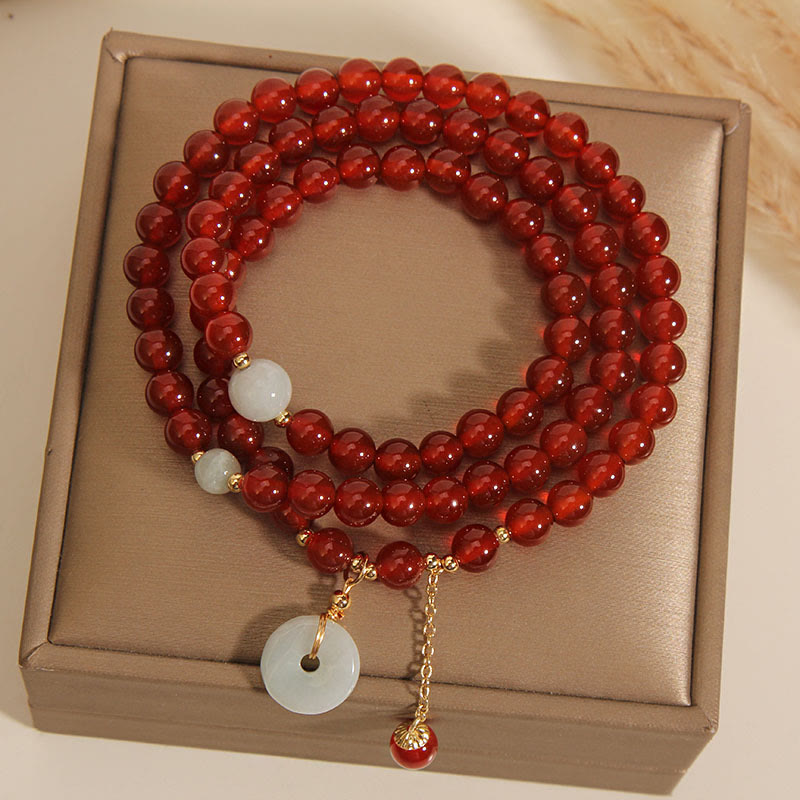 Red Agate Jade Peace Buckle Triple Wrap Agate Bracelet