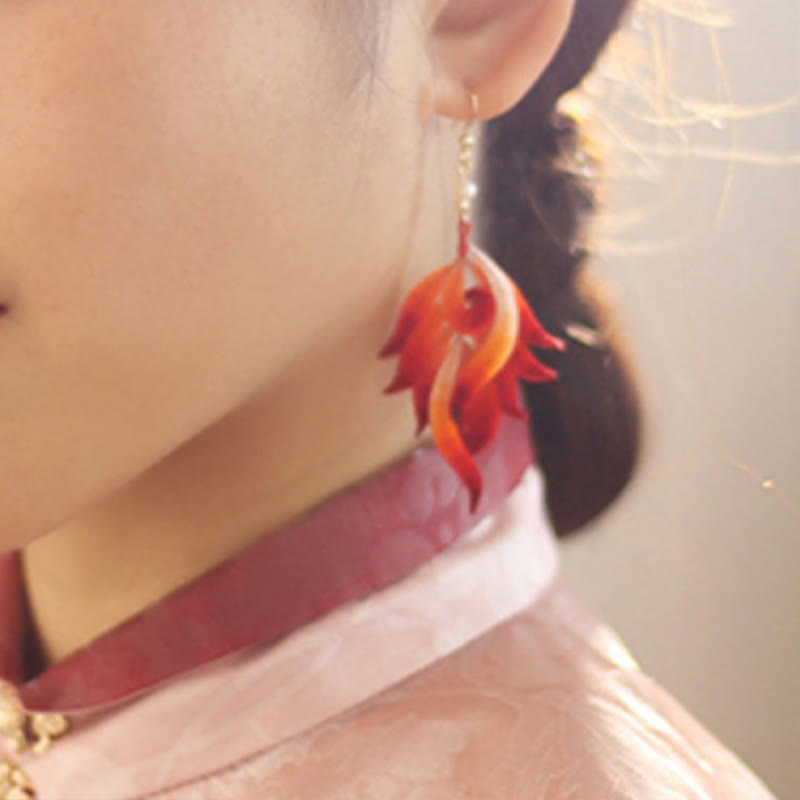 Red Feather Drop Earrings with 14K Gold & Silk