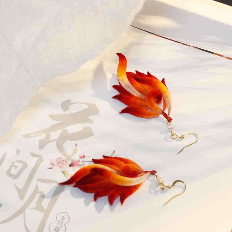 Red Feather Drop Earrings with 14K Gold & Silk