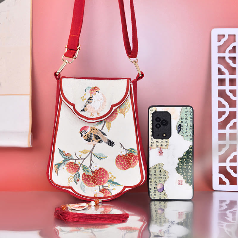 Red Magpie Lychee Embroidery Crossbody Bag with Tassel Accents