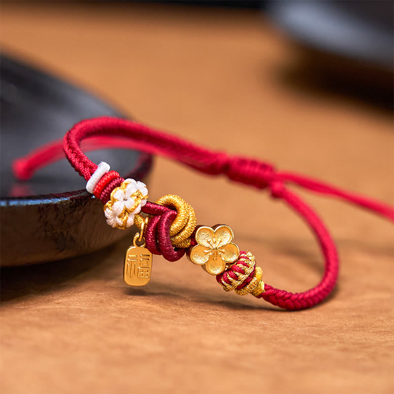 Red String Bracelet with Peach Blossom Charm for Luck & Protection