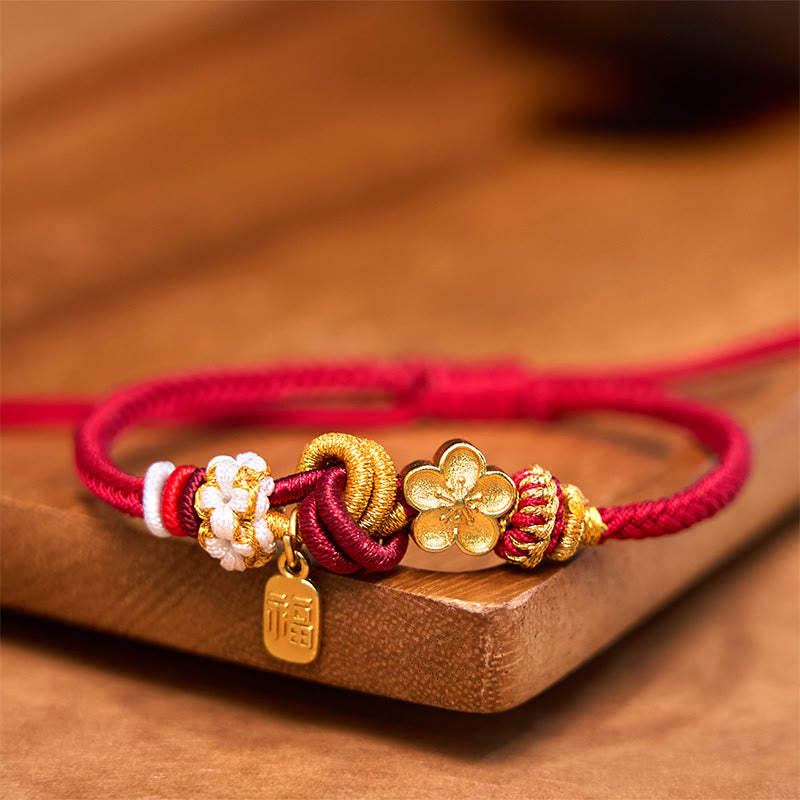Red String Bracelet with Peach Blossom Charm for Luck & Protection