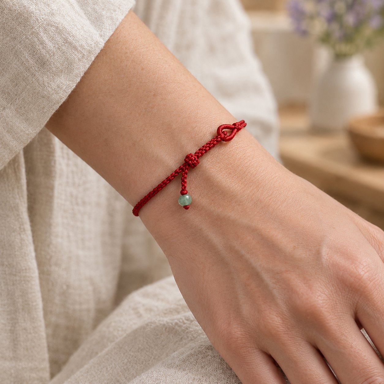6mm Red String Jade Connection Bracelet for Prosperity & Protection, worn on the wrist by a woman