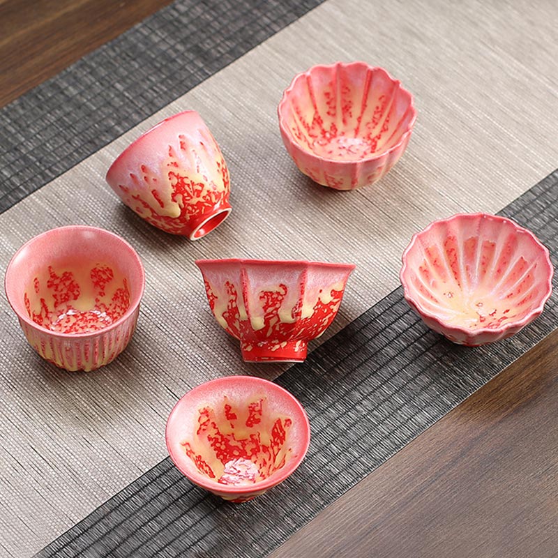 Retro Blue Red Gradient Lotus Ceramic Teacup Bowl