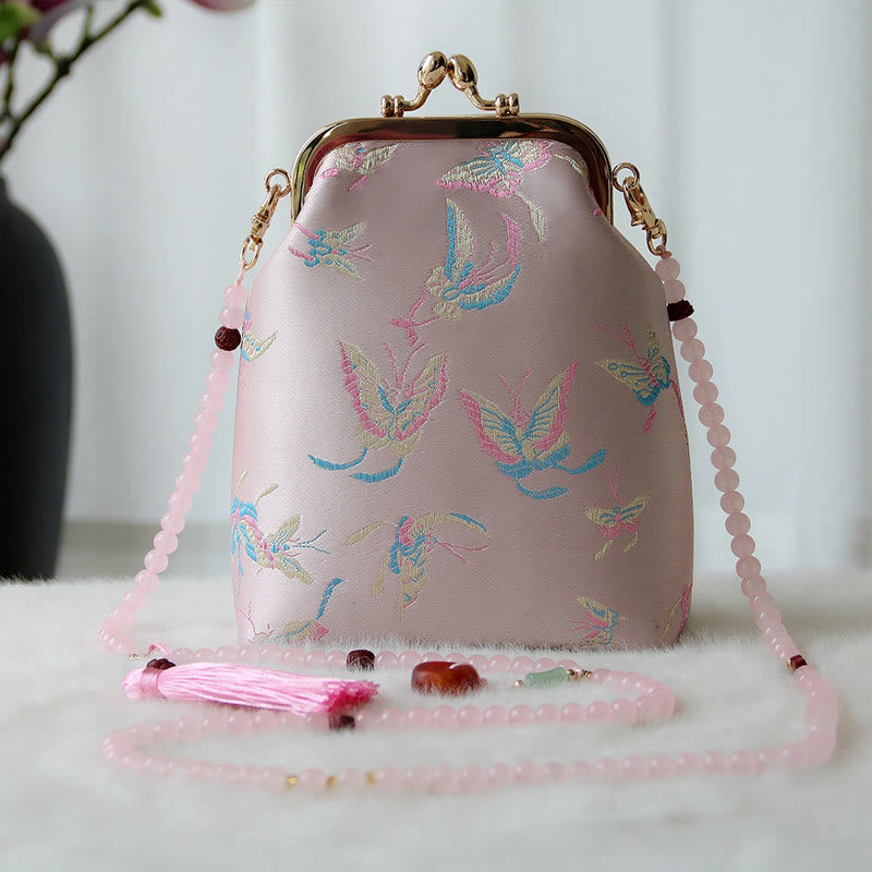 Retro Chinese Embroidery Pearl Chain Shoulder Bag 14x6x18cm