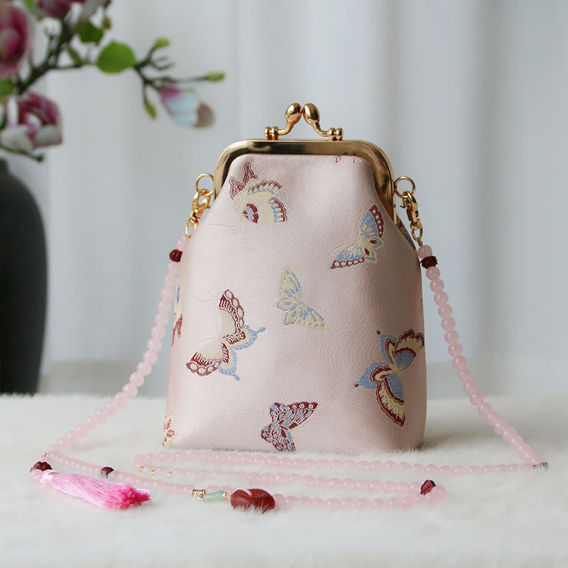 Retro Chinese Embroidery Pearl Chain Shoulder Bag 14x6x18cm