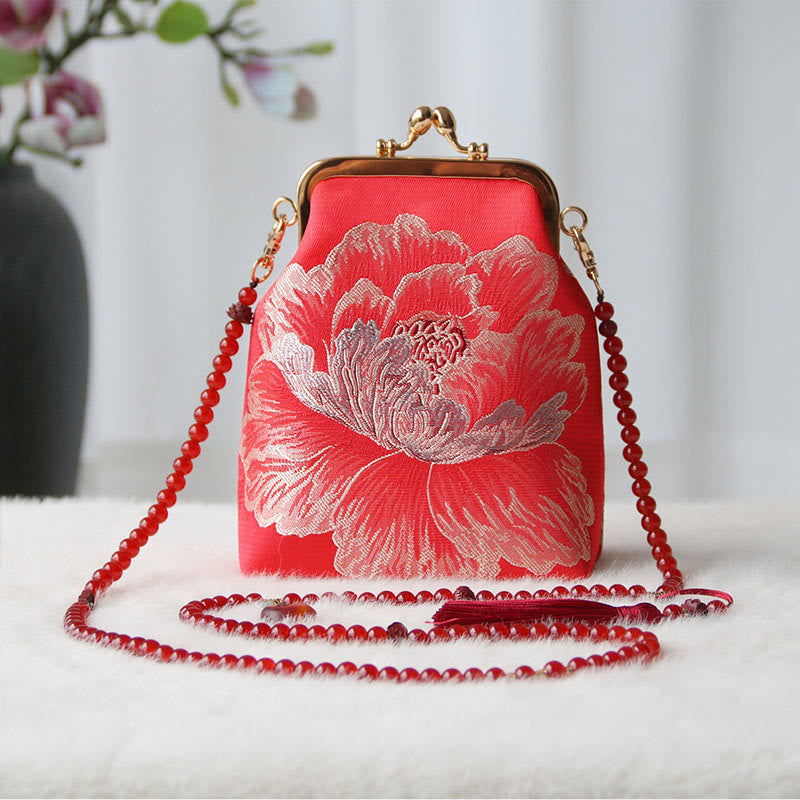 Retro Chinese Embroidery Pearl Chain Shoulder Bag 14x6x18cm