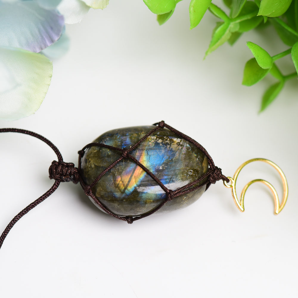Rope Wrapped Labradorite Stone Necklace with Moon Charm