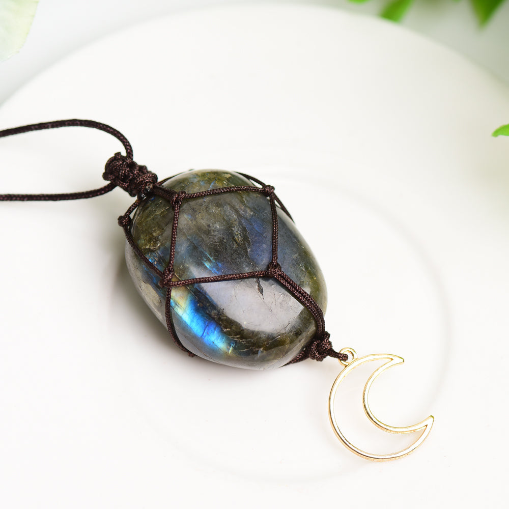 Rope Wrapped Labradorite Stone Necklace with Moon Charm