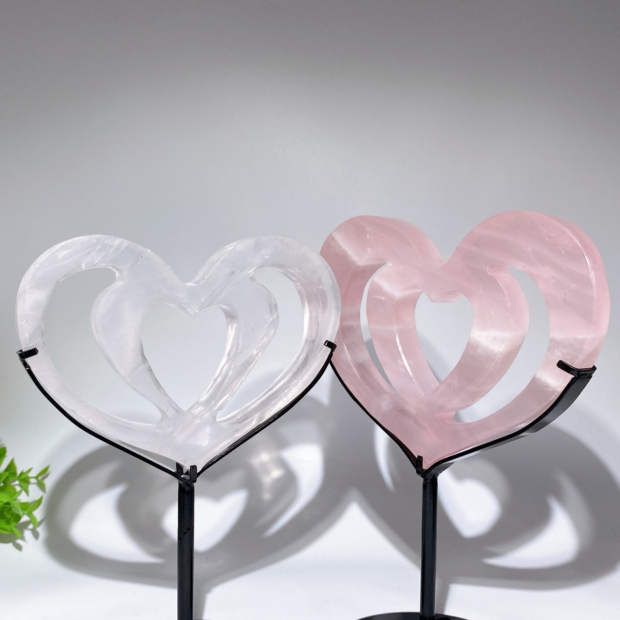 Rose Quartz Clear Quartz Double Heart Crystal Figurine 15cm