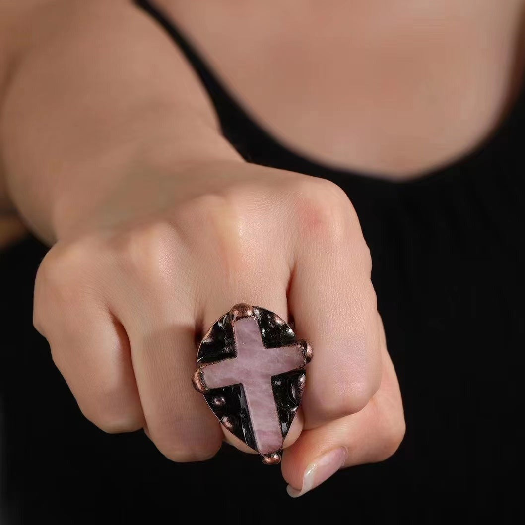 Rose Quartz Cross Crystal Healing Ring 2cm Energy
