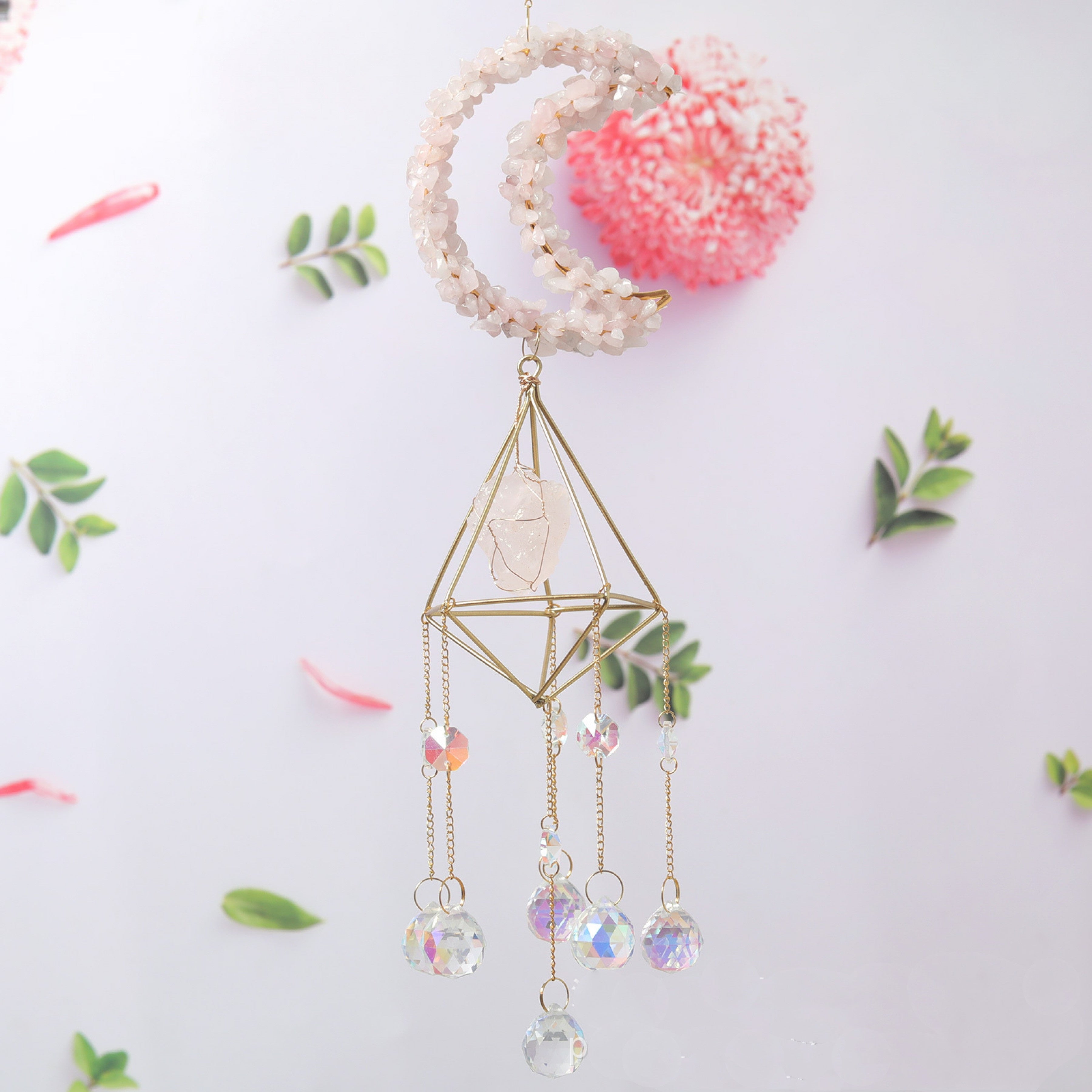 Rose Quartz Moon Crystal Suncatcher 48cm for Home Decor