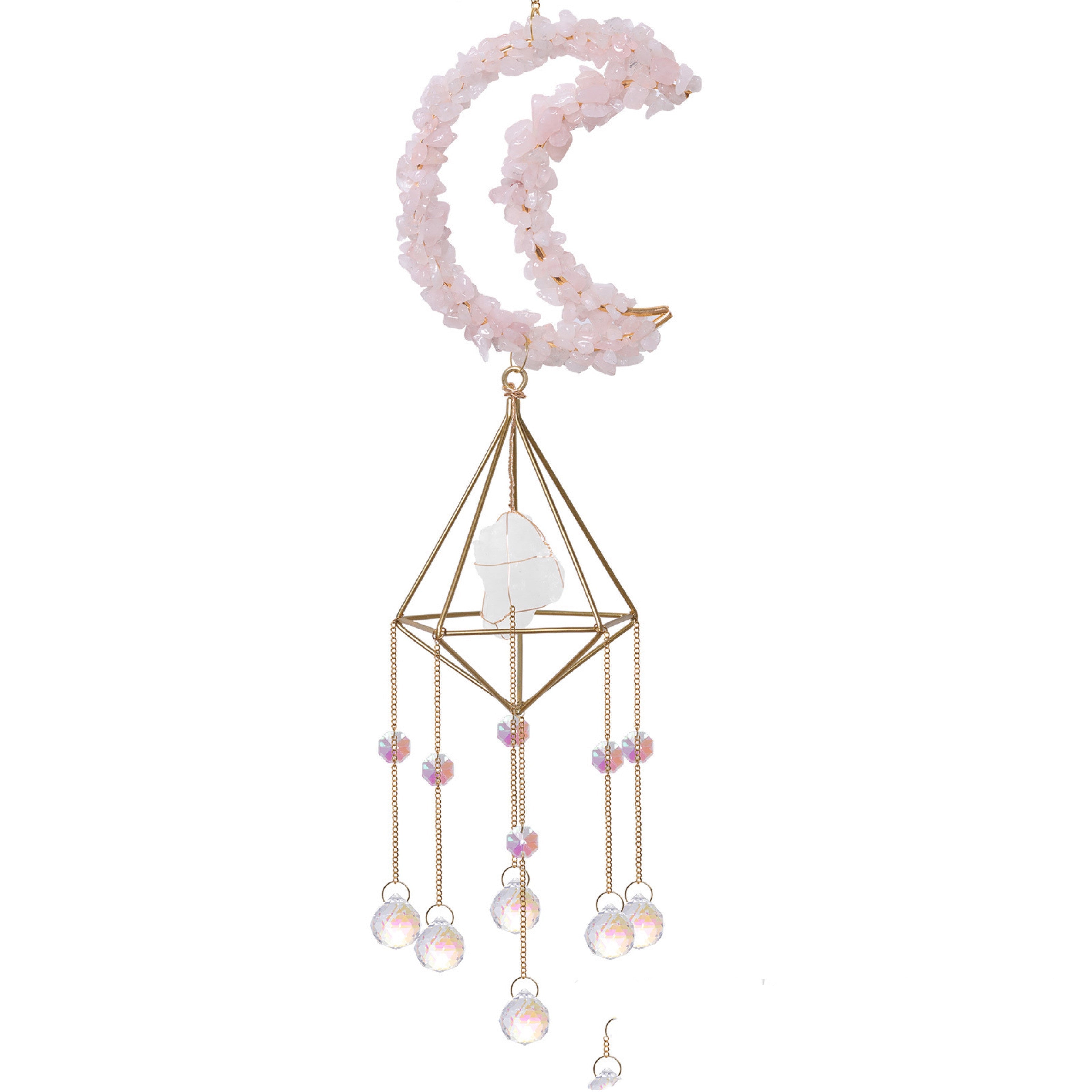 Rose Quartz Moon Crystal Suncatcher 48cm for Home Decor