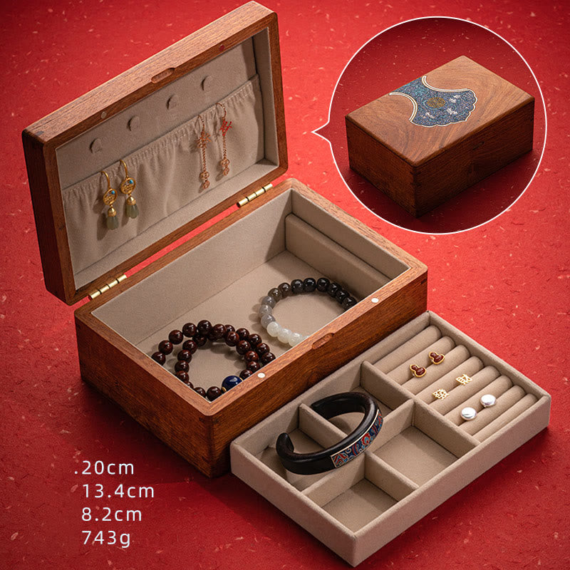 Rosewood Jewelry Box with Antique Flower Leaf Design - Handmade Storage