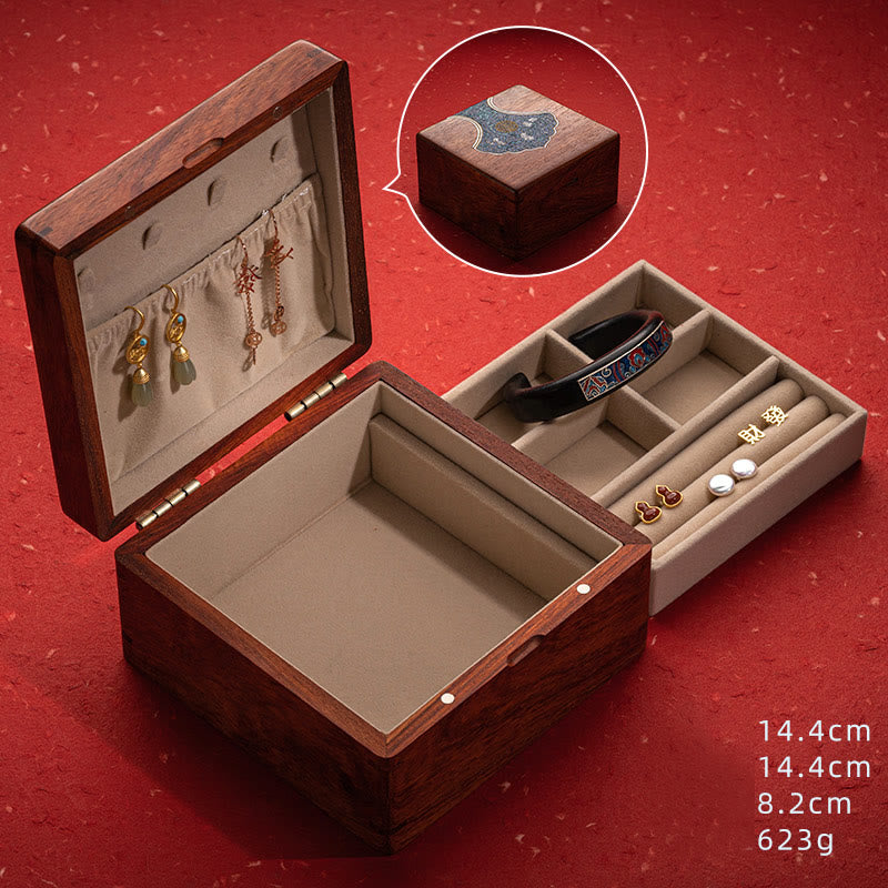 Rosewood Jewelry Box with Antique Flower Leaf Design - Handmade Storage