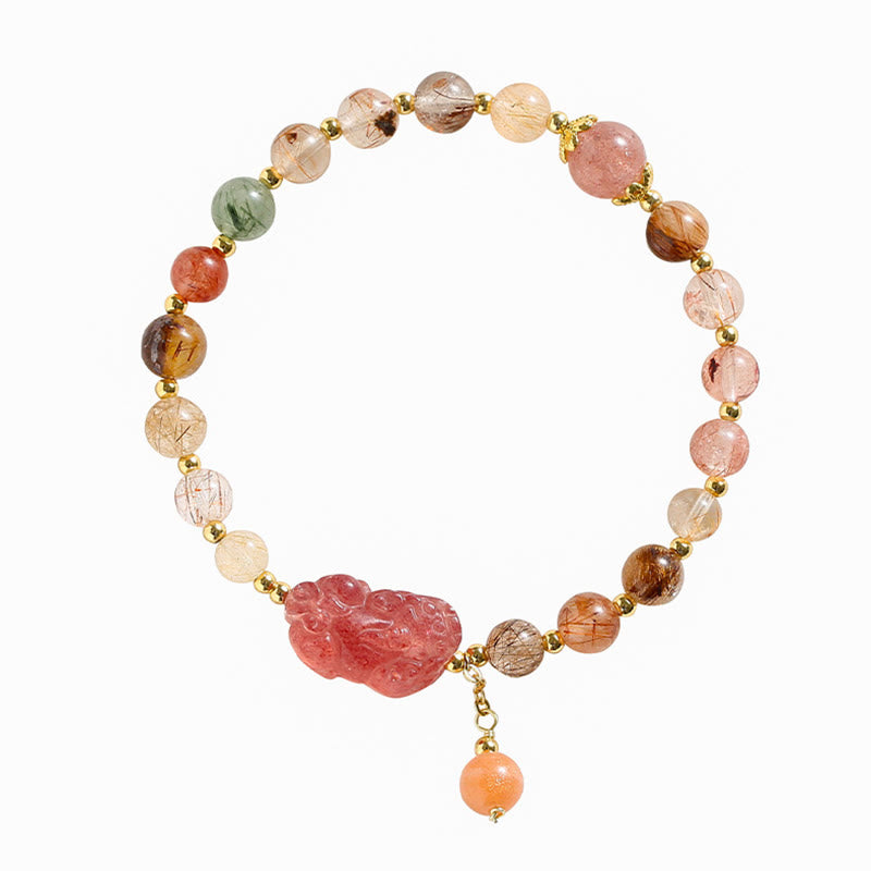 Rutilated Quartz Strawberry Quartz Pixiu Wealth Bracelet