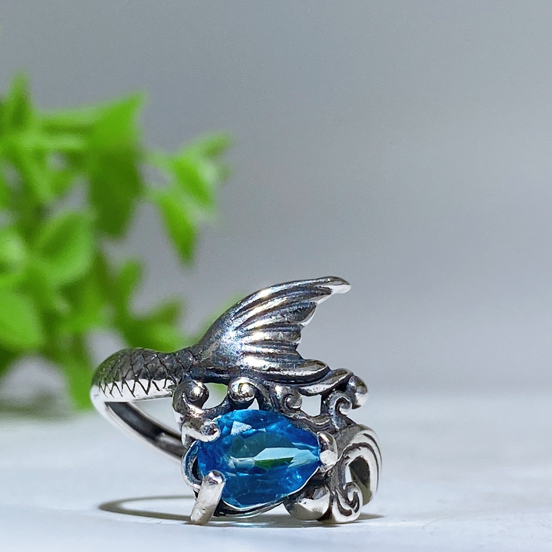 S925 Silver Dragon Crystal Adjustable Ring with Gemstones