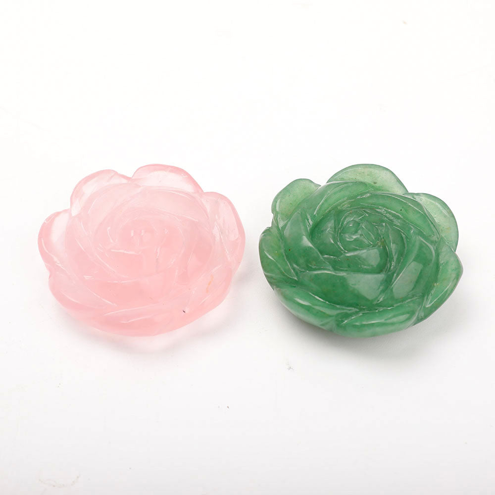 Set of 2 Crystal Flower Carvings Aventurine & Rose Quartz
