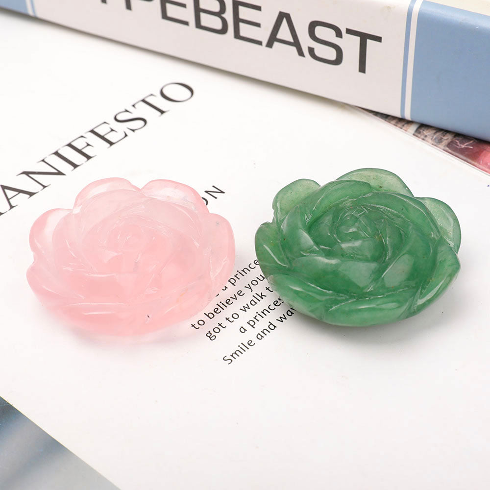 Set of 2 Crystal Flower Carvings Aventurine & Rose Quartz