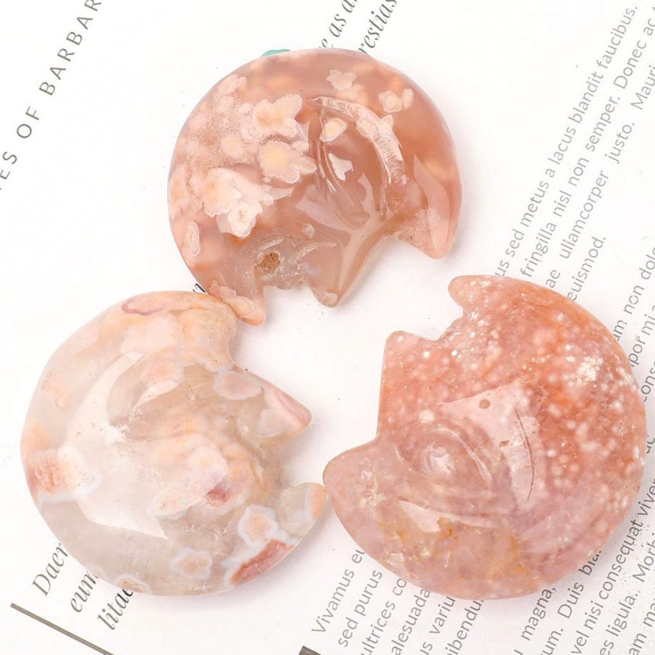 Set of 3 Flower Agate Moon Shape Carvings 2 inch