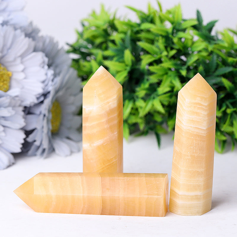 Set of 3 Honey Calcite Crystal Points 3-4 Inch Healing