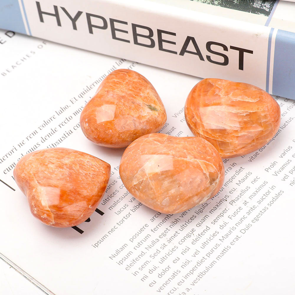 Set of 4 Peach Moonstone Heart Shape Palm Stones