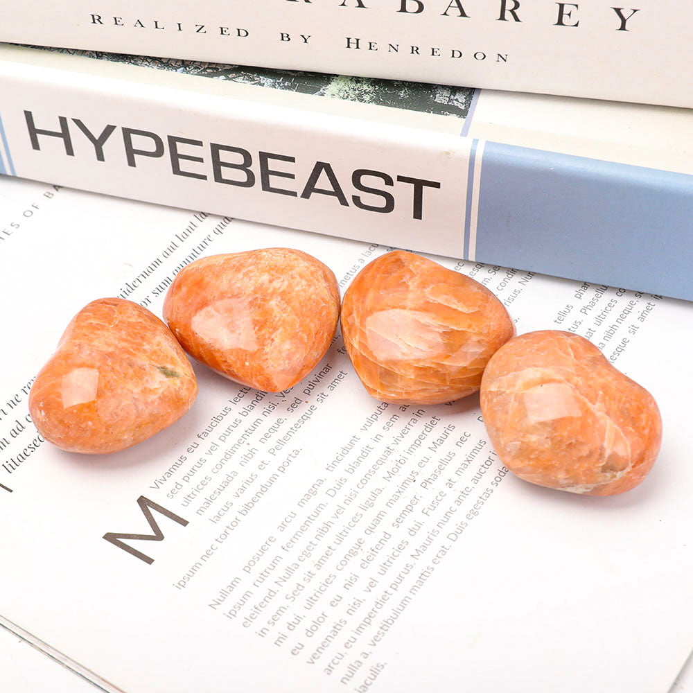 Set of 4 Peach Moonstone Heart Shape Palm Stones