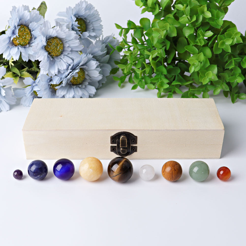 Set of 9 Crystal Spheres with Wooden Box for Energy Balance
