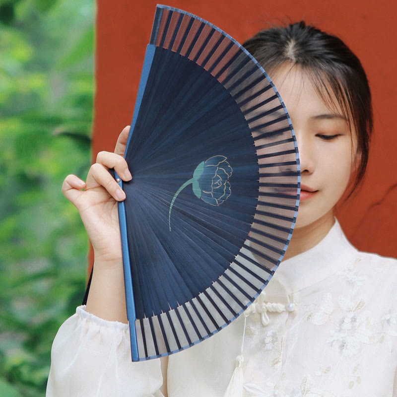 Silk Bamboo Chinese Folding Fan 21cm with Peony Flowers